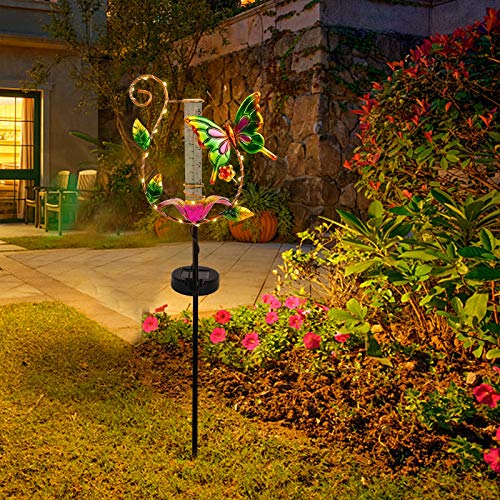Juegoal 31.5 Inch Rain Gauge, Solar Powered Lighted Butterfly Garden Stakes Decor With 16 Led Warm White Copper Lights, Metal Yard Art Outdoor Lawn Pathway Patio Decorations #TOP3