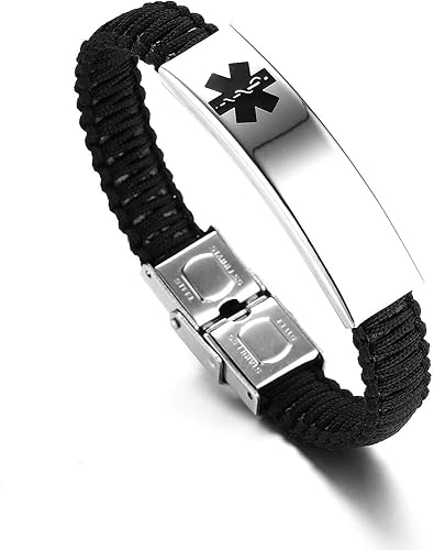 JF.JEWELRY Pulseras de alerta médica para mujeres y niñas, pulseras médicas trenzadas de nailon para hombres, pulsera de identificación médica
