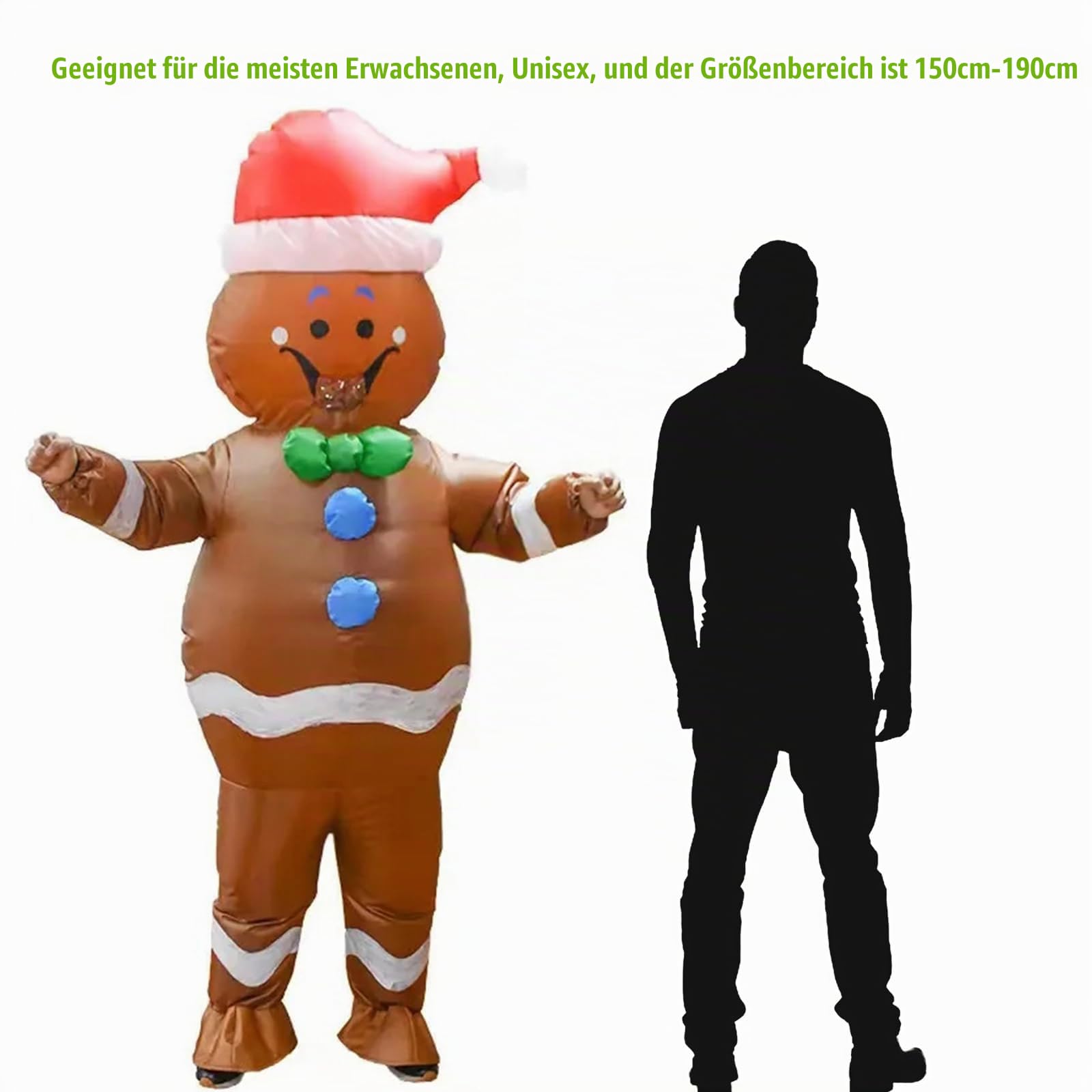 Aufblasbarer Weihnachts Kostüm, Lebkuchenmann Aufblasbares Kostüm für Erwachsene Aufblasbare für Halloween Party Geburtstag Weihnachten Cosplay Einfaches An und Ausziehen Batterie oder USB Angetrieben