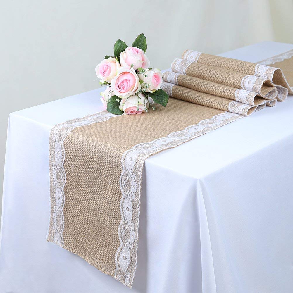 5PCS 30x275CM Jute-Tischläufer im Vintage-Look, Spitze Hessischen Tischband für Hochzeitsgeschenk Festival-Ereignis Tischdekoration Fest Party Feier Bevorzugte