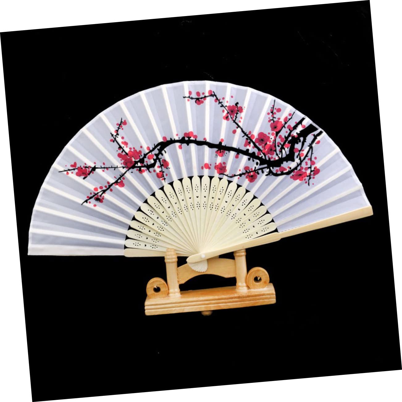 Amazon.co.jp: RORPOIR 布製木製扇子 梅の花柄 直径38cm 綿竹使用 日本 
