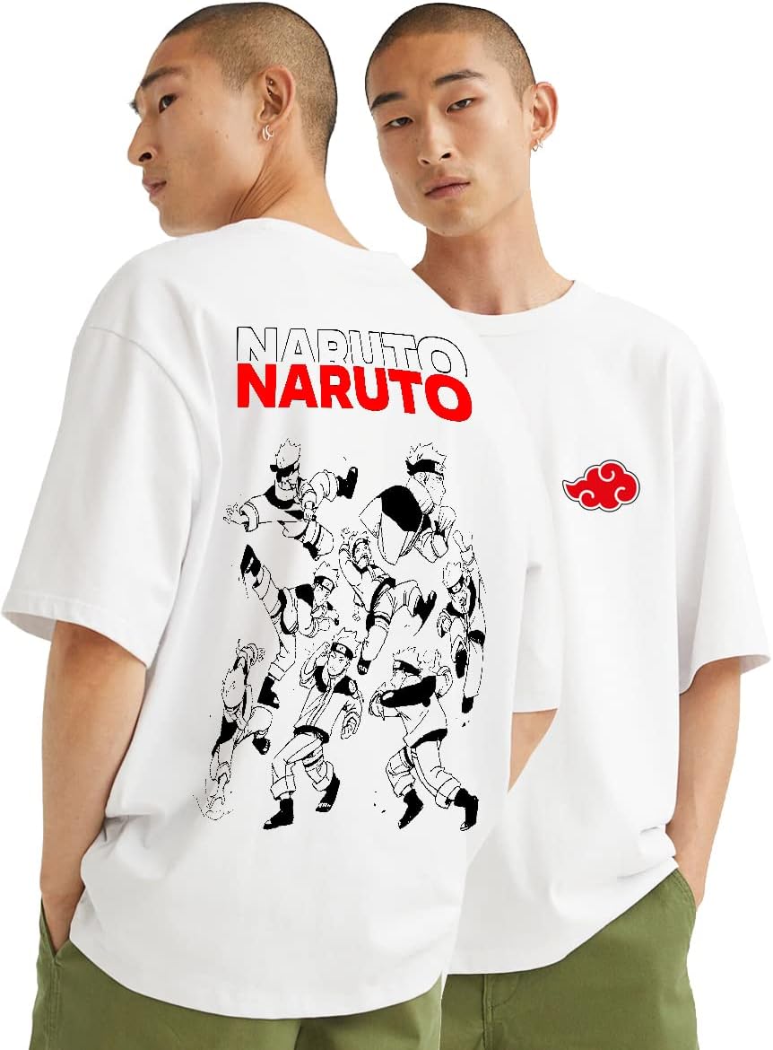FUBURAMen's Loose Fit Baggy Oversized Cotton Round Neck Half Sleeves Naruto Anime Back Printed Graphic T Shirt