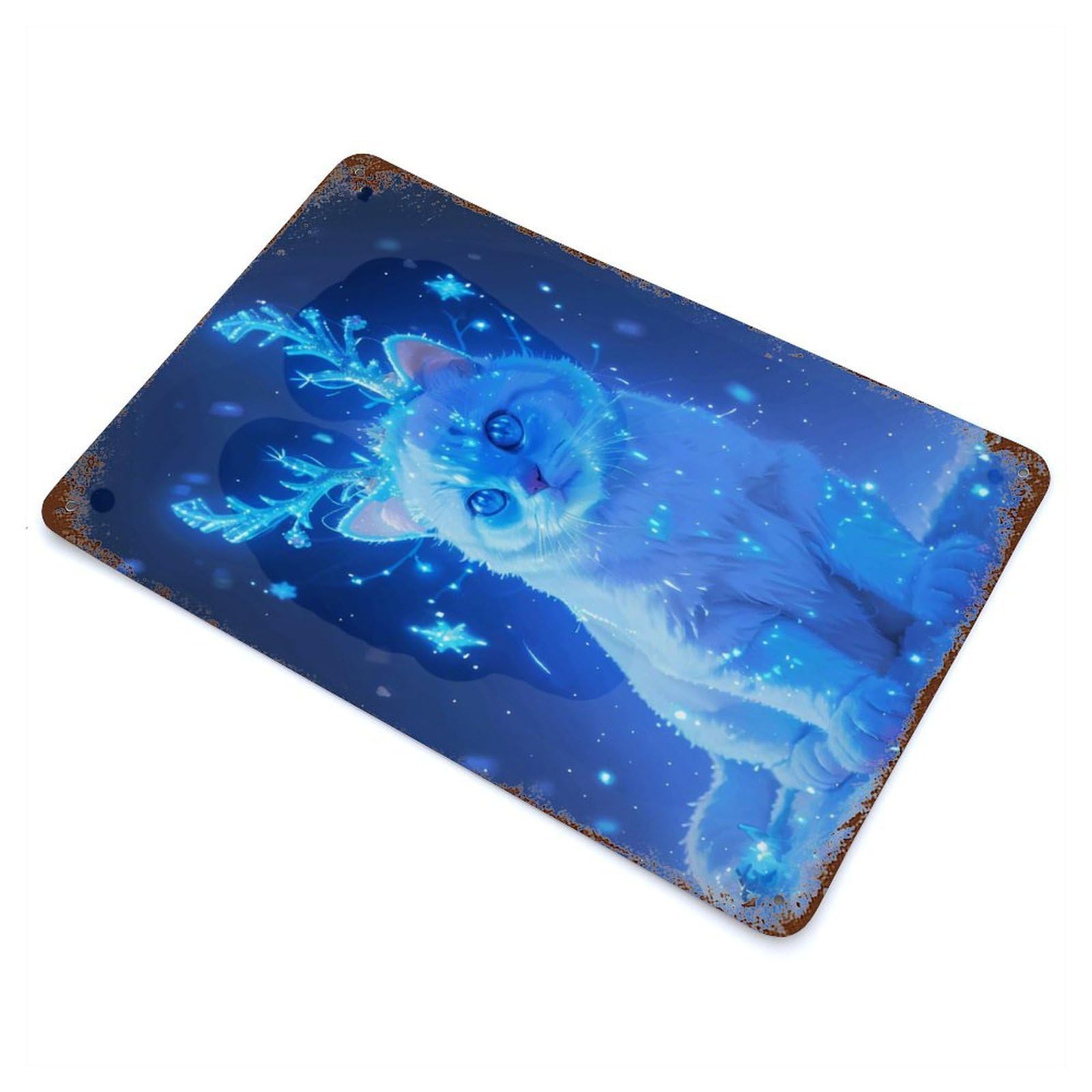 Magical Blue Cat Snow Aged Metal Wall Plaque 11.8"x7.9", Farmhouse Wall Decor for Office, Studio And Wall Decor