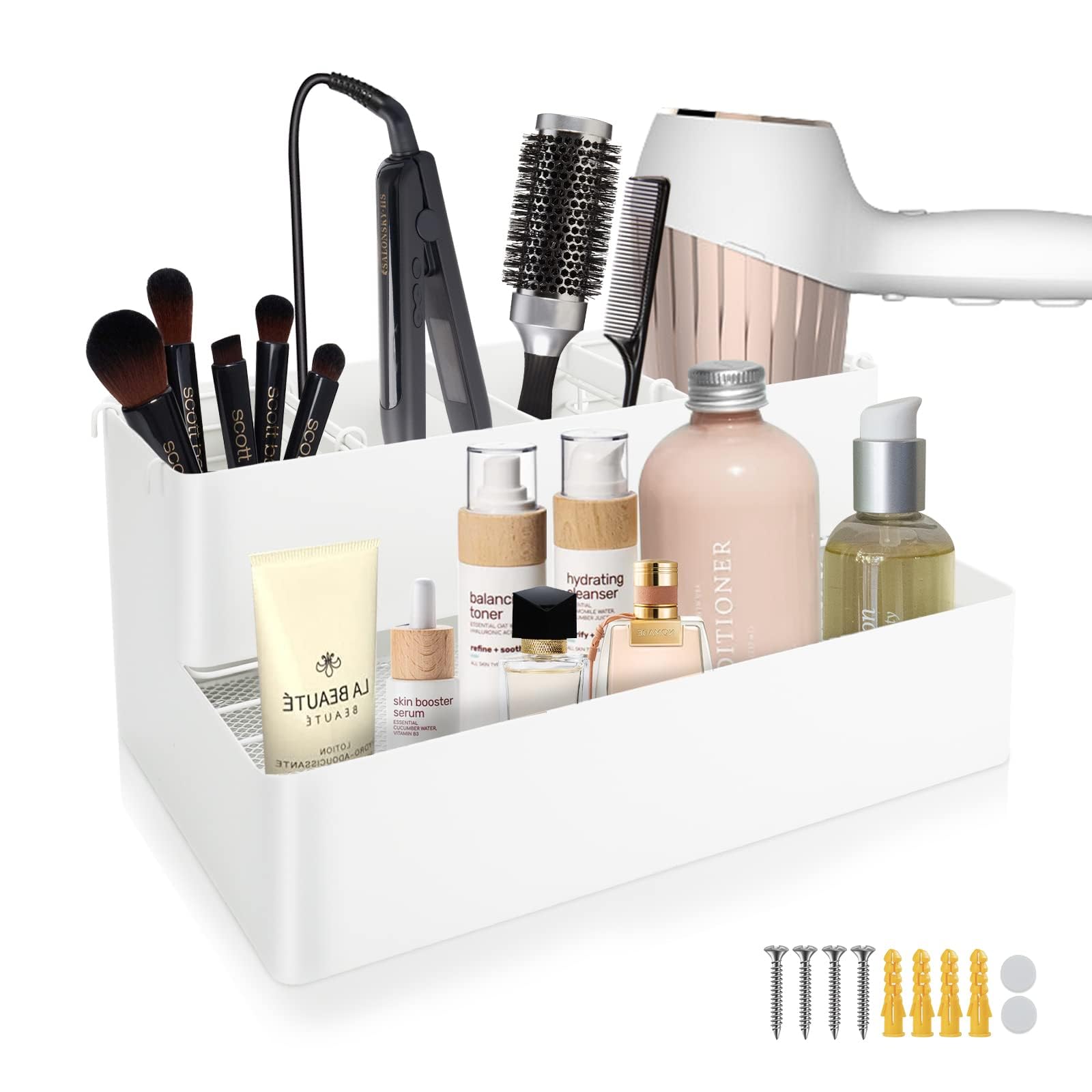 Hair Tool Organizer-Hair Dryer Holder Wall Mount-Hair Tool Organizer Countertop-Large Hot Tool Holder for Curling Iron, Blow Dryer, Straightener, Flat Iron. White