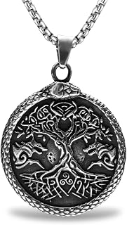 Bahamut Mens Viking Fenrir Wolf Valknut Jormungandr Odin Raven Yggdrasill Cross Pendant Necklace Stainless Steel,Cool Vintage Norse Amulet Jewelry Viking Gifts for Men