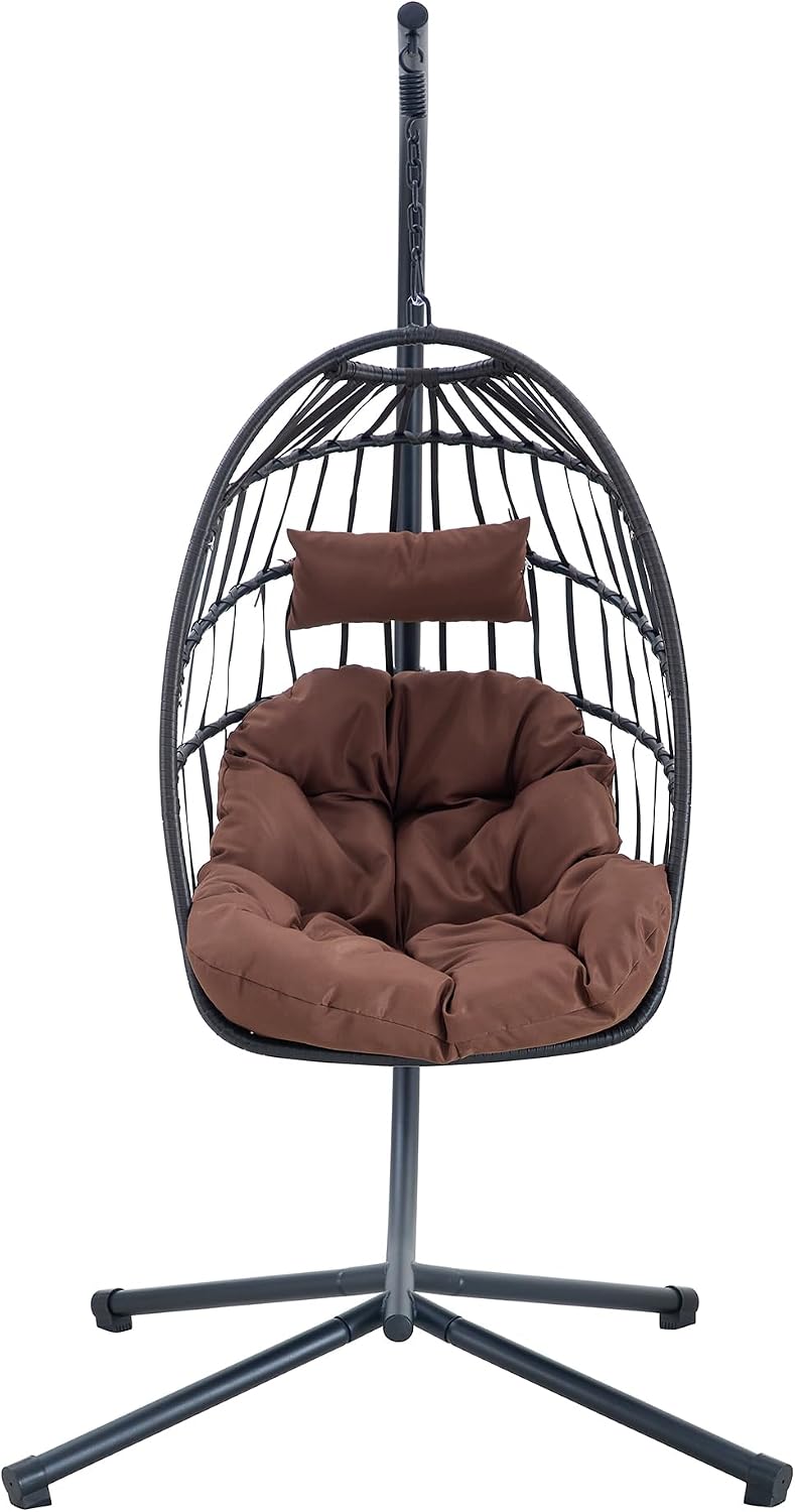 Hanging Egg Chair with Stand, PE Wicker Rattan Swing Chair with Cushion and Headrest, Foldable Hammock Chair for Indoor Outdoor Patio, Bedroom, Garden, 350lbs Capacity (Black)