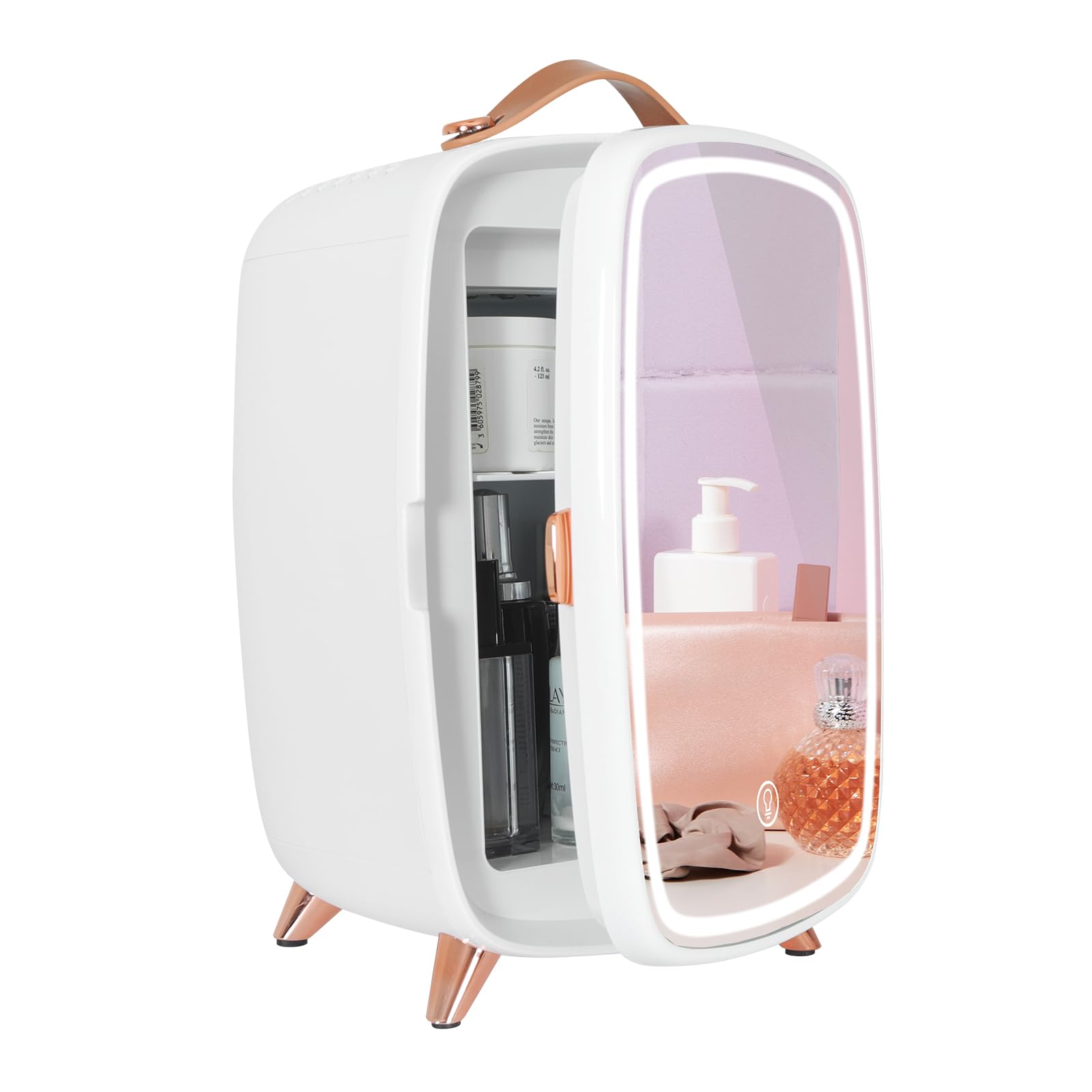 ARTETHYS Mini Fridge for Bedrooms 6L Skincare Beauty Makeup Fridge with LED Mirror Cosmetic Small Fridge for Home Office Skin Care, 220V AC/12V DC [Energy Class F]