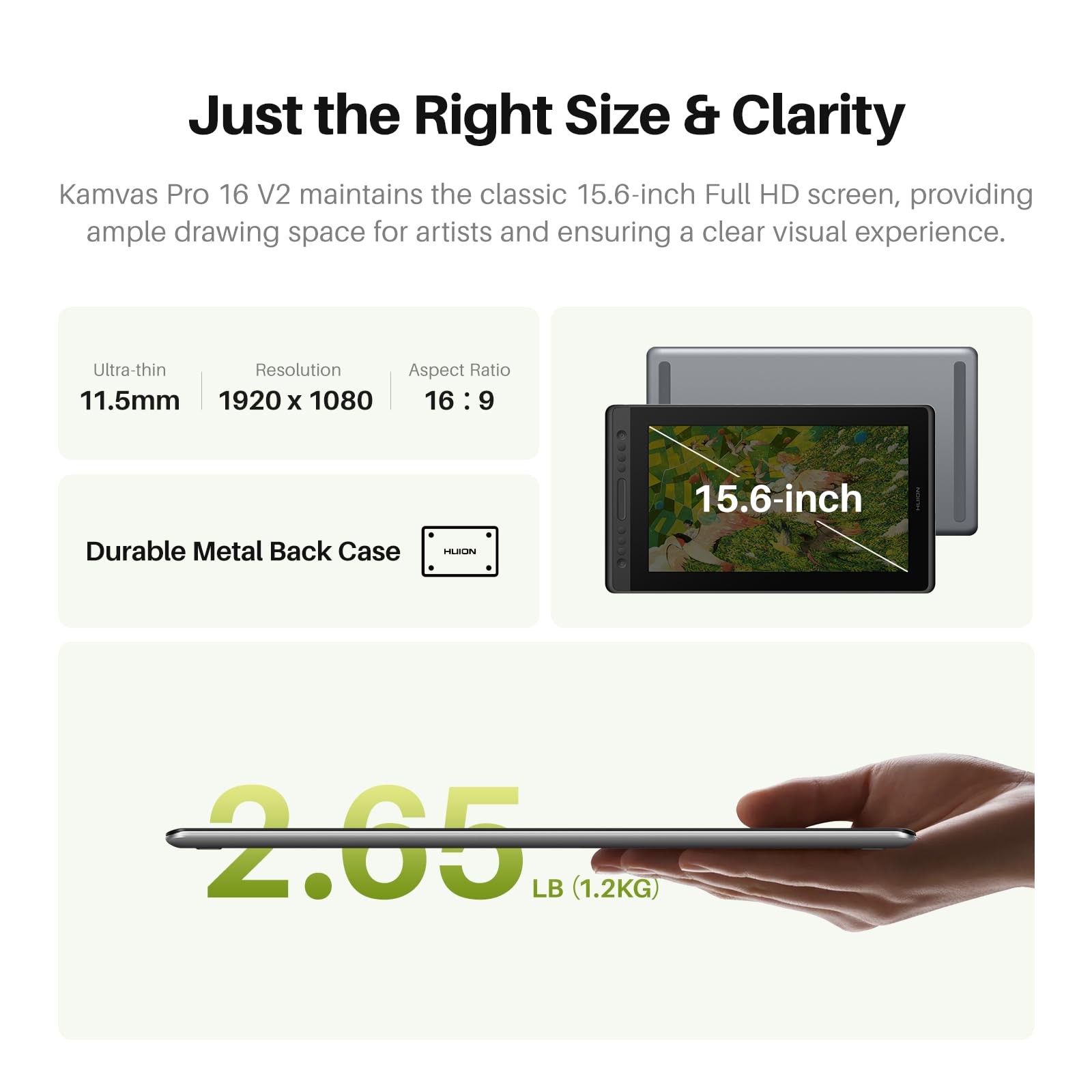 HUION Kamvas Pro 16 V2 - Tablet grafico con schermo, 16384 livelli | 16384 livelli, penna senza batteria, banda touch, funzione di inclinazione, disegno, tablet grafico con display