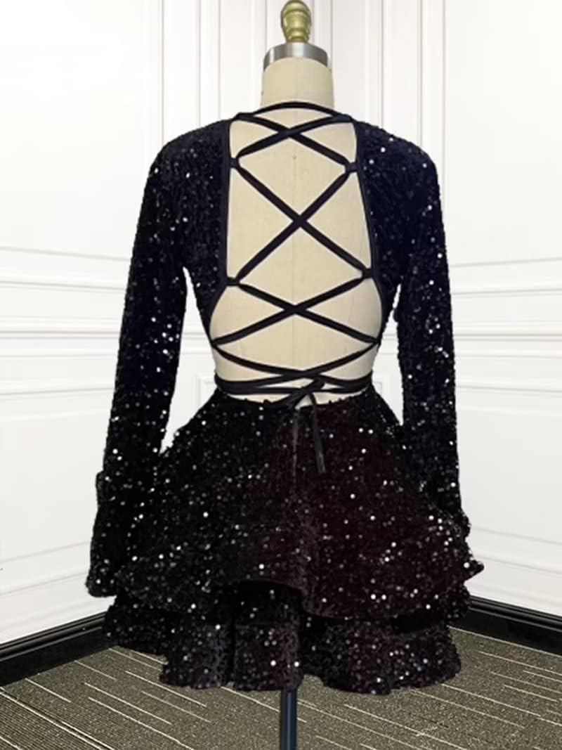 PEIYJYUSP Long Sleeve Homecoming Dresses for Teens Sparkly Sequin V Neck Tiered Puffy Short Prom Dresses