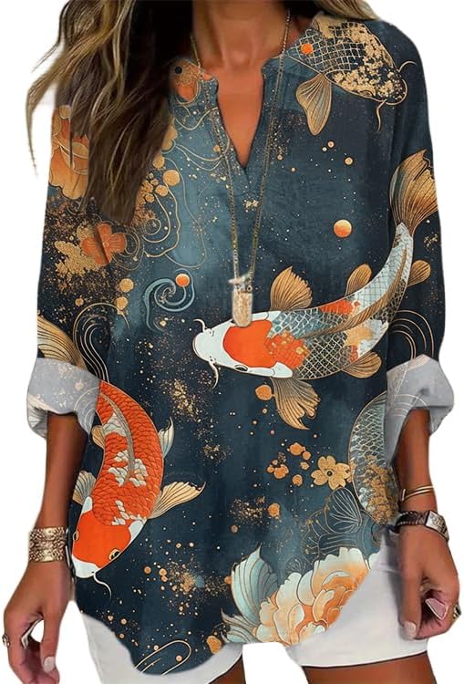 MARSVOVO Womens Blouses Long Sleeve Unique Art Print V Neck Flowy Tops Causal Shirt for Women