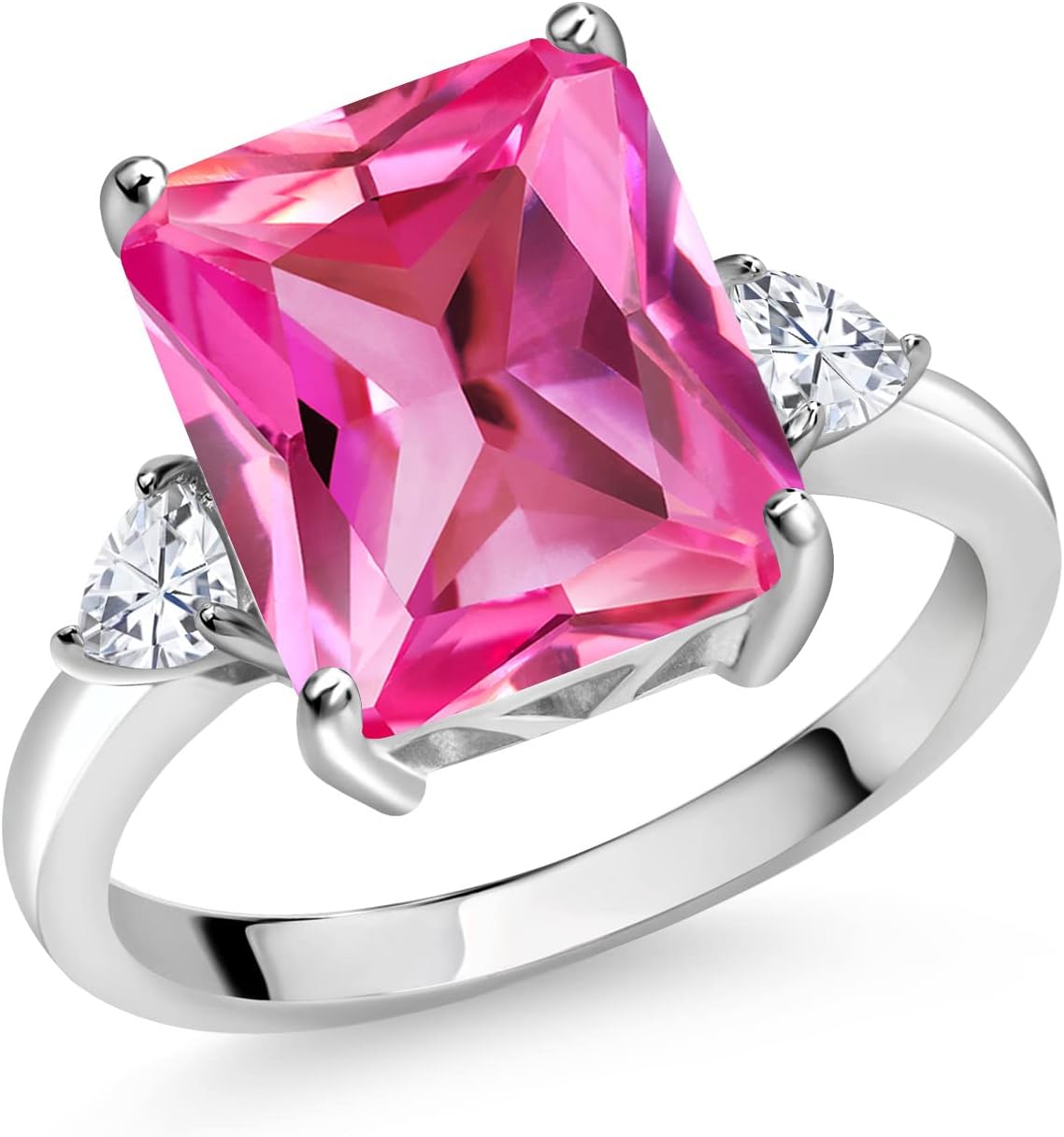 Gem Stone King 5-7 Ctw Gemstone Birthstone and Moissanite 3-Stone Ring for Women | 925 Sterling Silver | Emerald Cut 12X10MM | Wedding Anniversary Engagement Ring