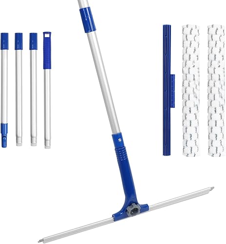 Escobilla de ducha para ventana con 2 almohadillas de microfibra, escobilla de goma de 14 pulgadas con mango de aluminio de 59 pulgadas de largo