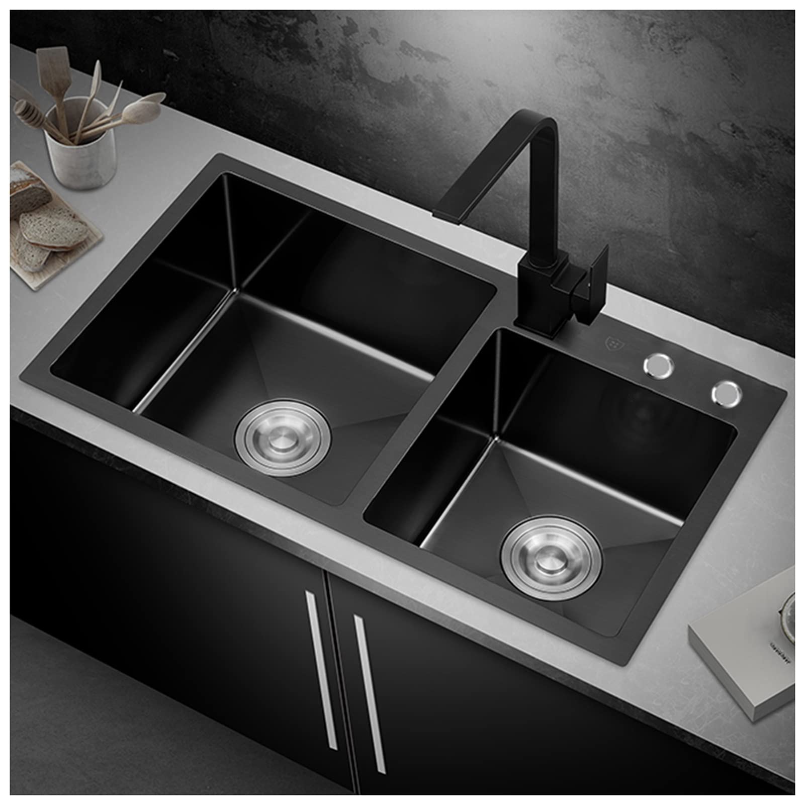 WIQUYBML Black Nano Double Bowl Kitchen Sink 304 Stainless Steel Bar Square RV With Faucet & Drain Top Mount Or Undermount (Color : Black-b, Size 80x45x22cm)