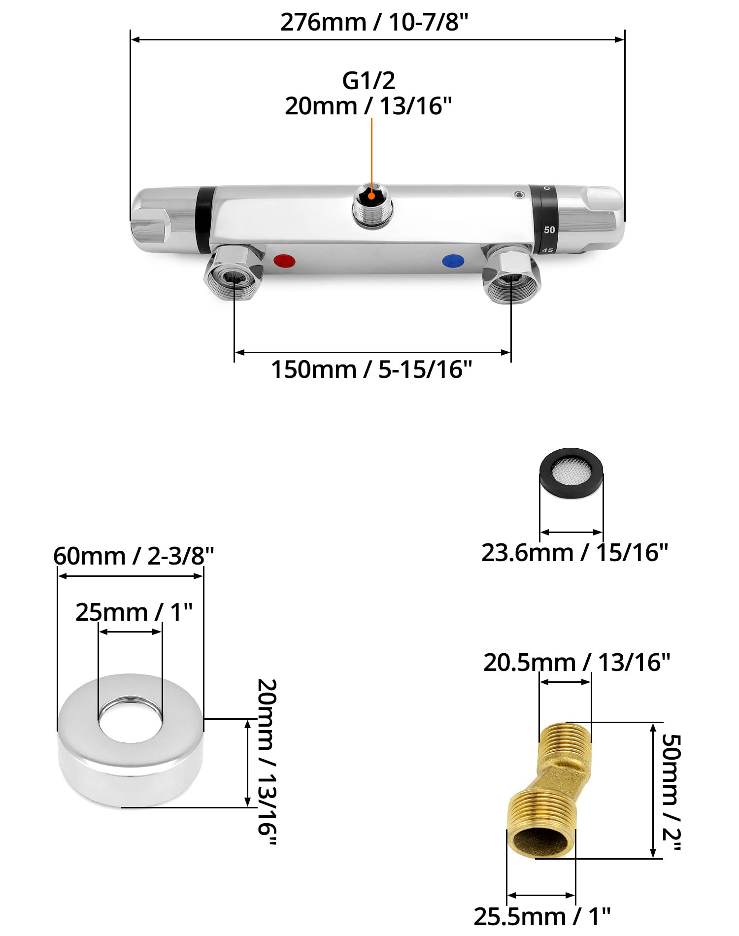 QWORK grifo ducha termostatico, salida de válvula G1/2 ", izquierda caliente derecha fría, mezclador de ducha de latón, control de temperatura constante para baño