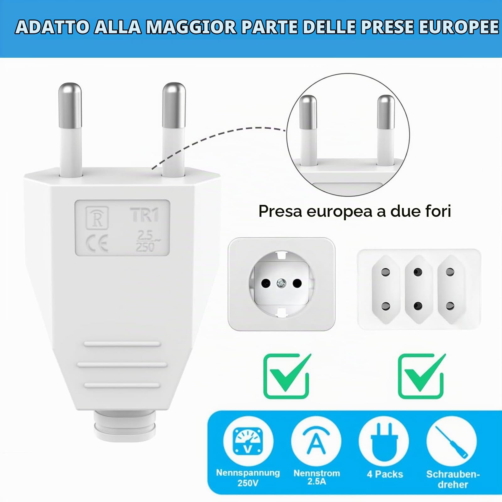 4 Pezzi Spina Europea, Spina Europea Piatta(250 V, 2,5 A), Spina Schuko Piatta, Spina di Alimentazione , Spina Universale a due poli Secondo lo Standard Europeo per Cavo di Alimentazione (Bianco)