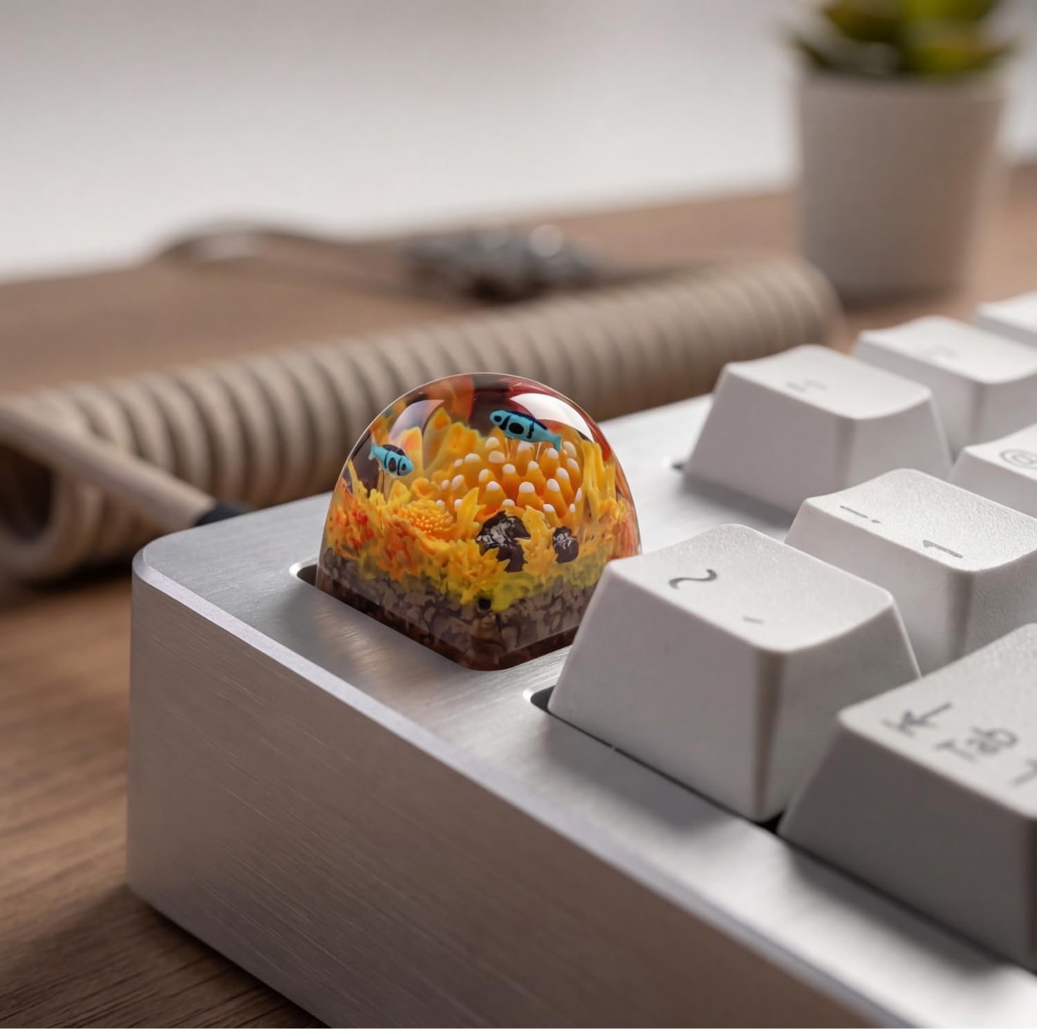 Handmade Resin Artisan Keycap – Coral Reef Ocean Theme with Sea Creatures– 1U ESC Key – Cherry MX Mechanical Keyboard Compatible – 3D Mini Aquarium Design (Coral-KeyCap-1U-2Fish-Orange)