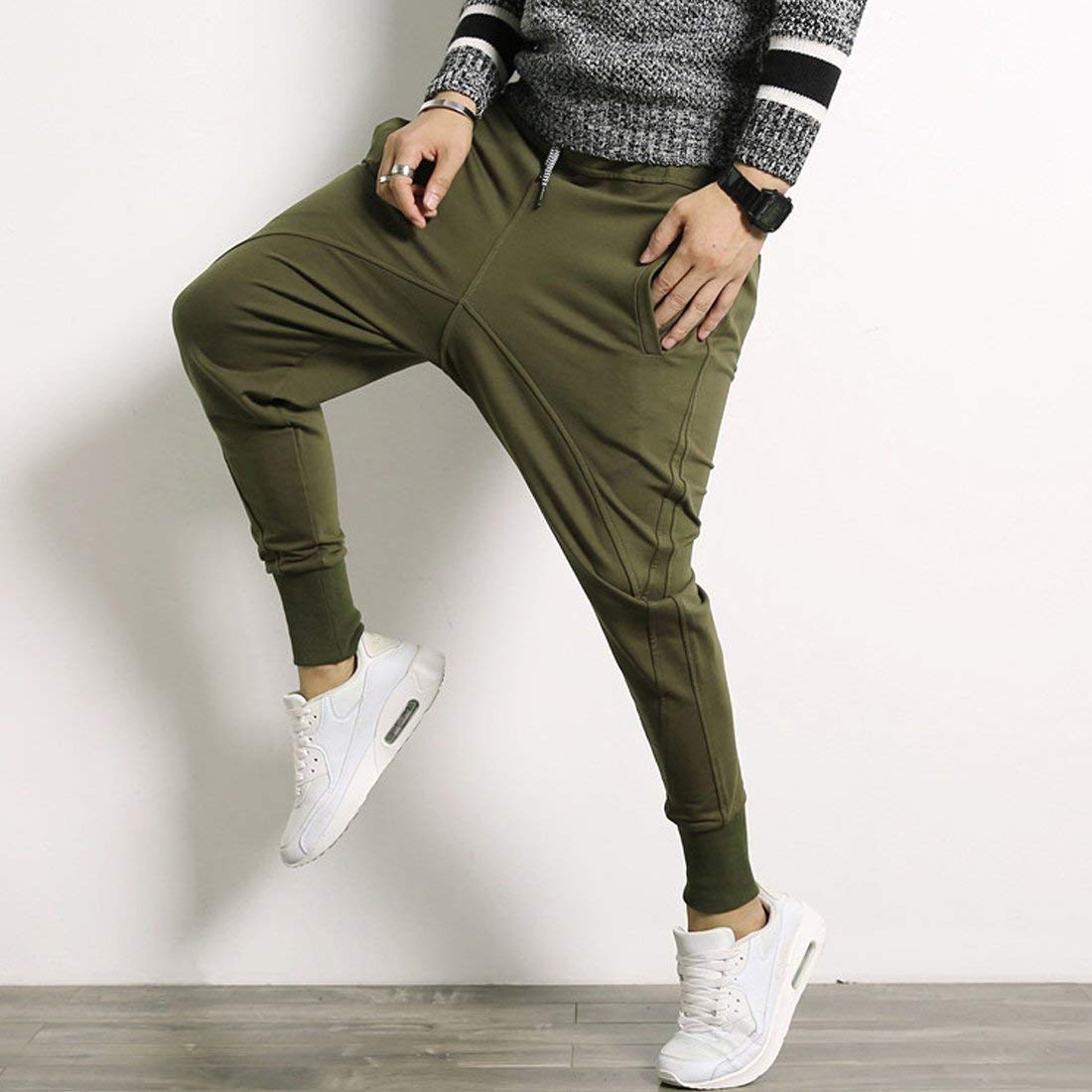 Banana Bucket Mens Slim Fit Jogging Pants Low Crotch Drawstring Baggy Sweatpants Green