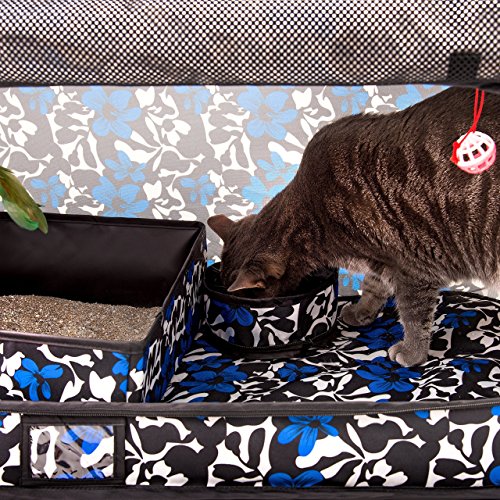 CHEERING PET, Cat Travel Cage, Portable Cat Condo, Collapsible Litter Box, Foldable Feeding Bowl, Hanging Feather Teaser and Ball, Carrying Bag, Extra Large 32" X 19" X 19" (Floral) - Thumbnail 4