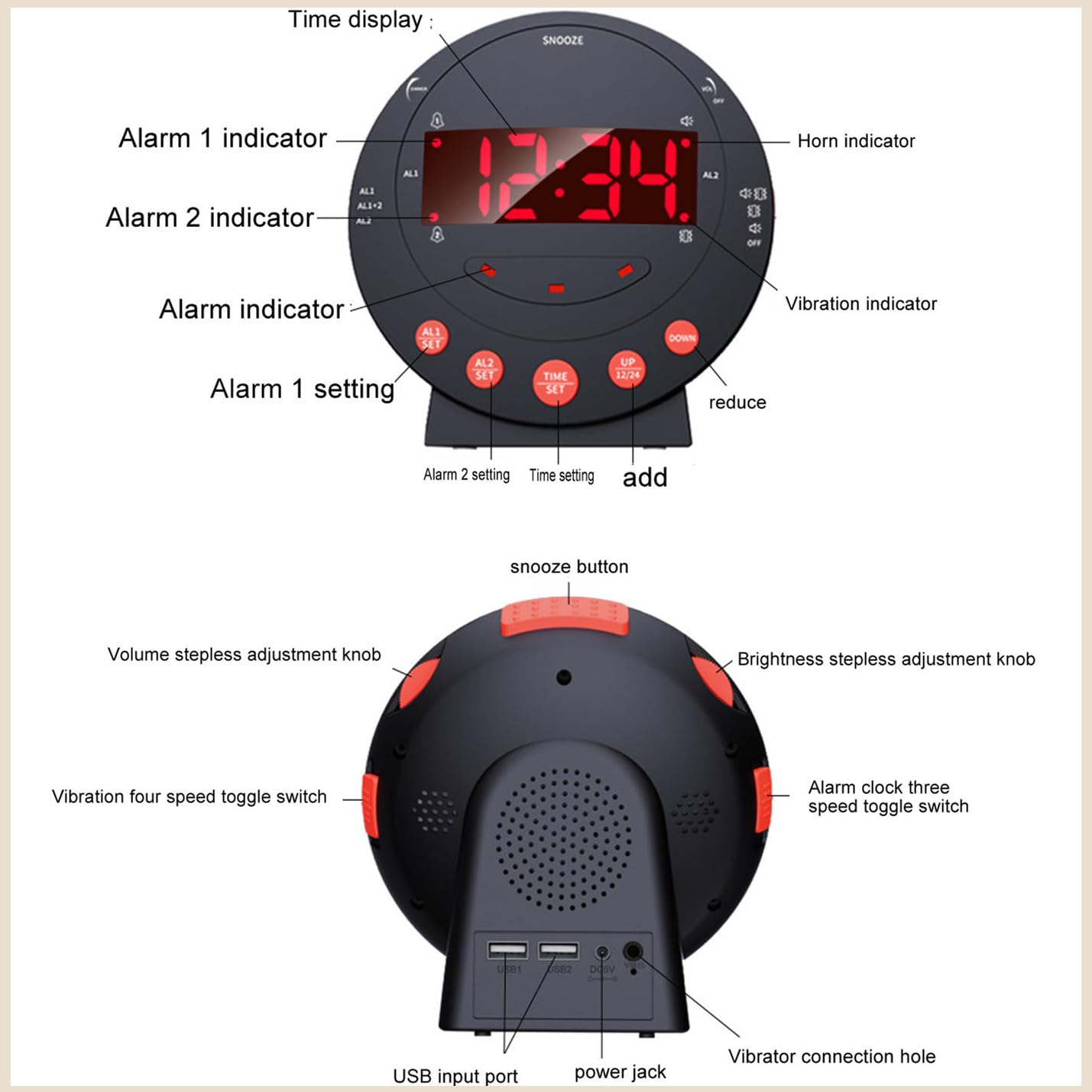 Vibrationswecker für Gehörlose, Tiefschläfer & Senioren, Batteriebetrieben Wecker mit 110 dB lautem Alarm, Vibrationsuhr, Bett-Shaker, Dimmer, Schreibtisch Schlafzimmer