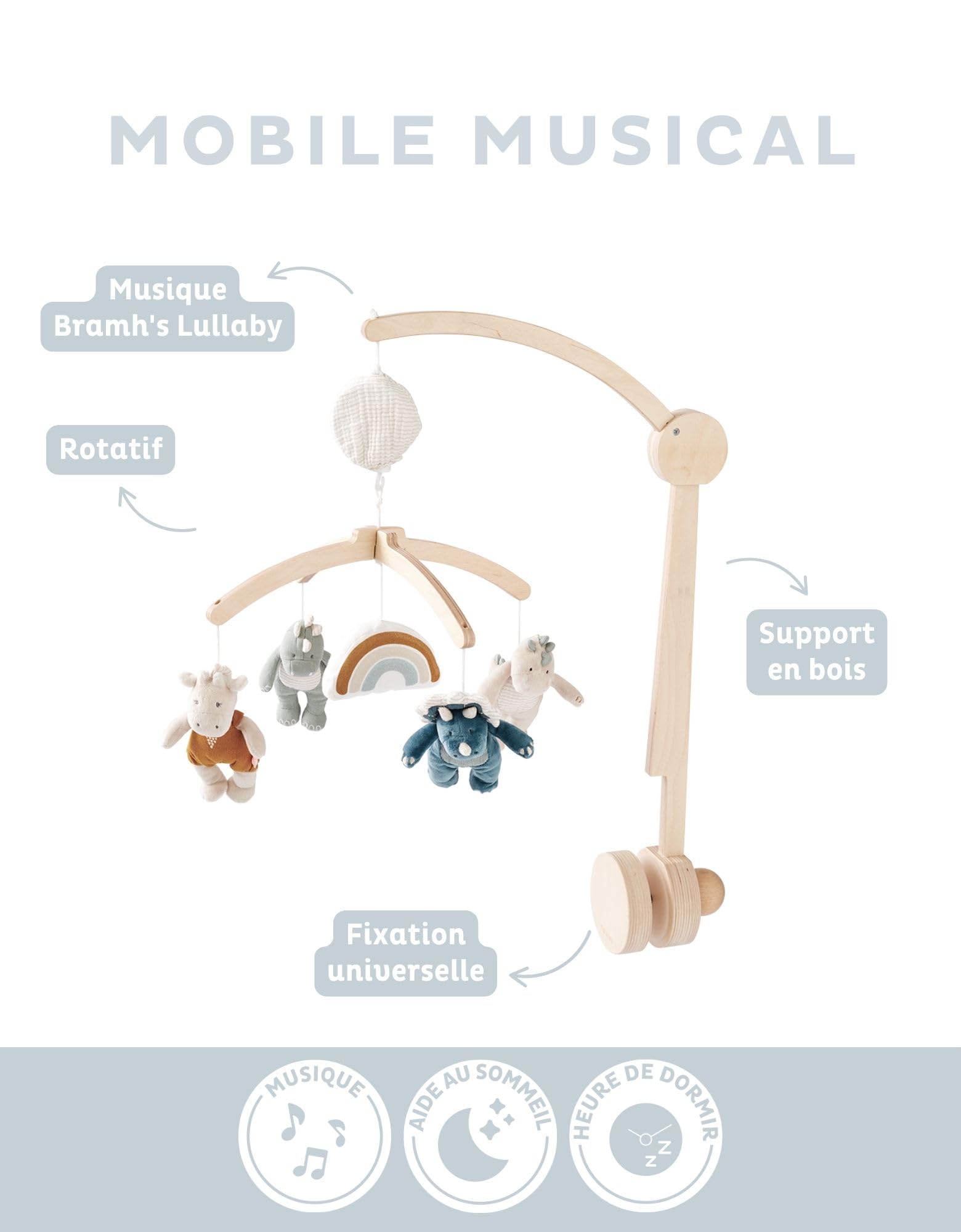 NOUKIE’S - Mobile musical en bois - Tiga, Stegi & Ops - Rotation automatique sans piles - Compatible avec berceau, lit à barreaux et parc - Idéal dès la naissance pour apaiser et endormir bébé