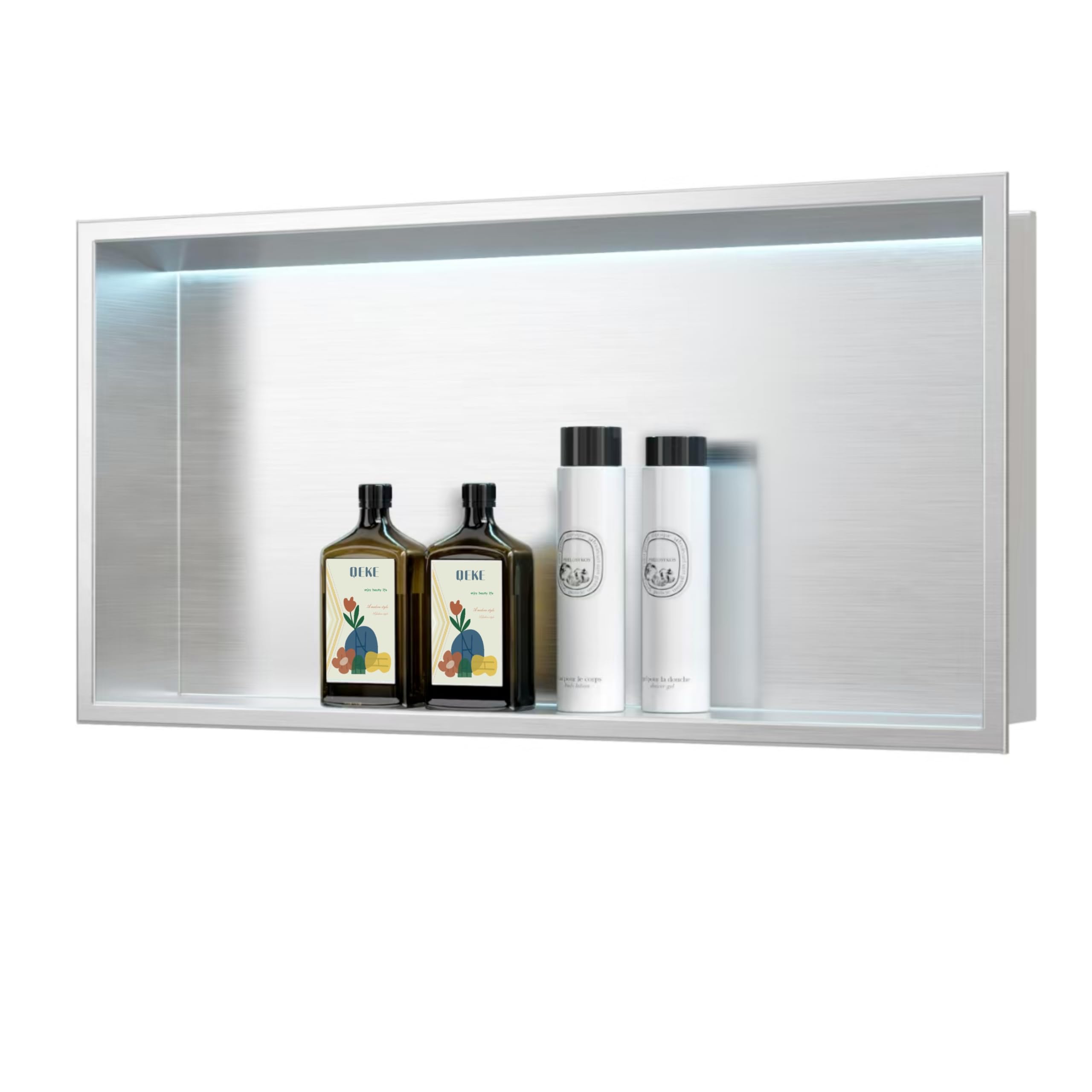 Qeke Stainless Steel Shower Niche with RGB Led Light, No Tile Needed Wall Niche, Recessed Shower Shlef for Bathroom Storage Over Mount Installation, 30x60 CM, Brushed Nickel, Single Layer