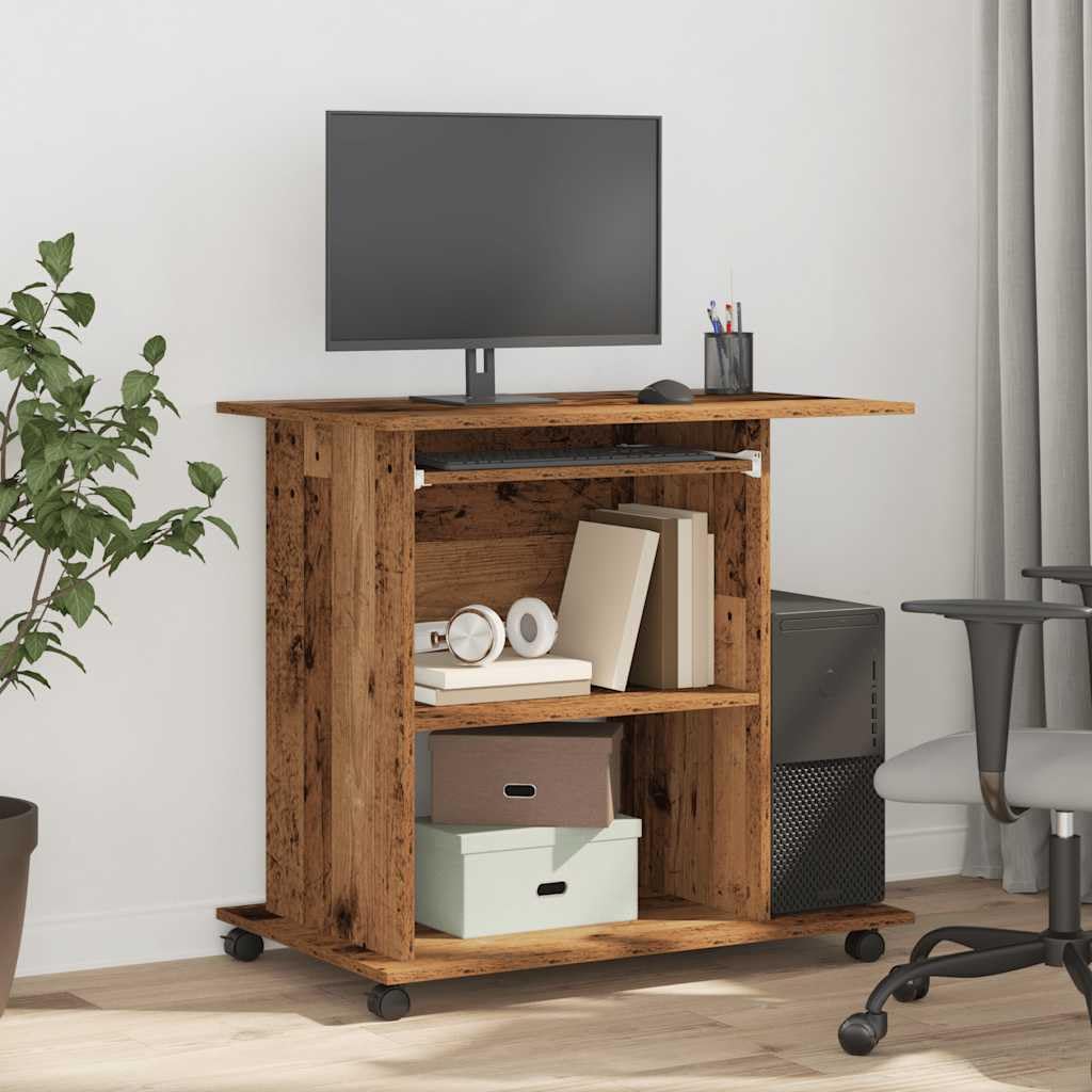 Générique Scrivania per computer vecchio legno con ruote, tavolo compatto per computer portatile e ufficio, legno di ingegneria resistente all'umidità, spazio di archiviazione con tastiera