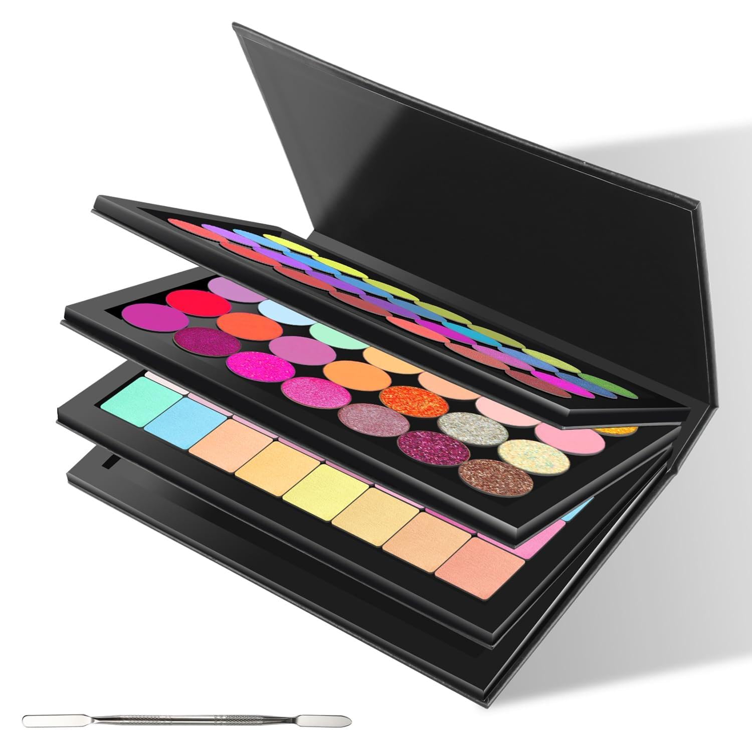 4-lagige leere magnetische Buch-förmige Palette (schwarze PU-Lederoberfläche) mit Depotingspatel und 100 Metallaufklebern