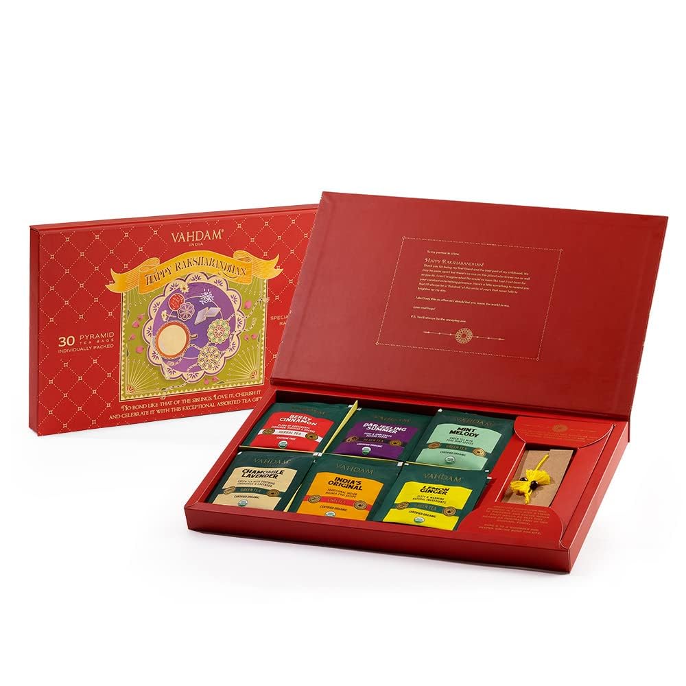 VAHDAM, Rakhi Gift For Brother Combo Gift Set - Handmade Rakhi + 30 Pyramid Tea Bags | USDA Organic Iingredients- Chai Tea, Green Tea, Herbal Tea, Black Tea (B0B6FXF49G) Amazon Price History, Amazon Price Tracker