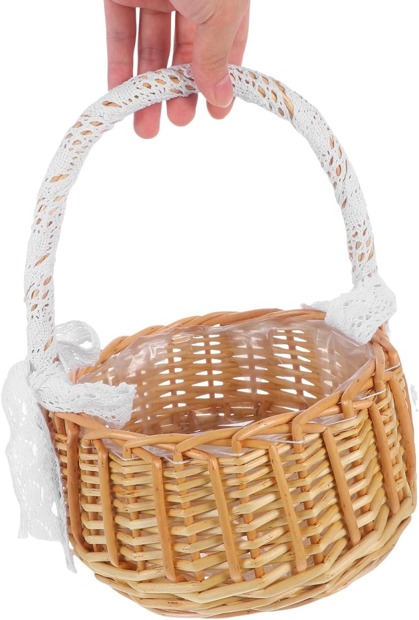 Cabilock Jacquard Woven Wicker Flower Girl Basket with Single Handle 10.23X7.87X7.87 Inch Portable Rattan Basket for Easter Party Ceremony Home Decor image 3