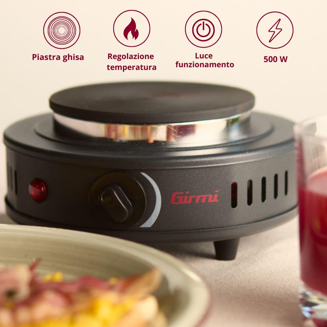 Girmi PE16 Fornello Elettrico, 500 W, Piastra in Ghisa 11cm, Spia di accensione, Piedini di appoggio, Regolazione Temperatura, Nero - 3