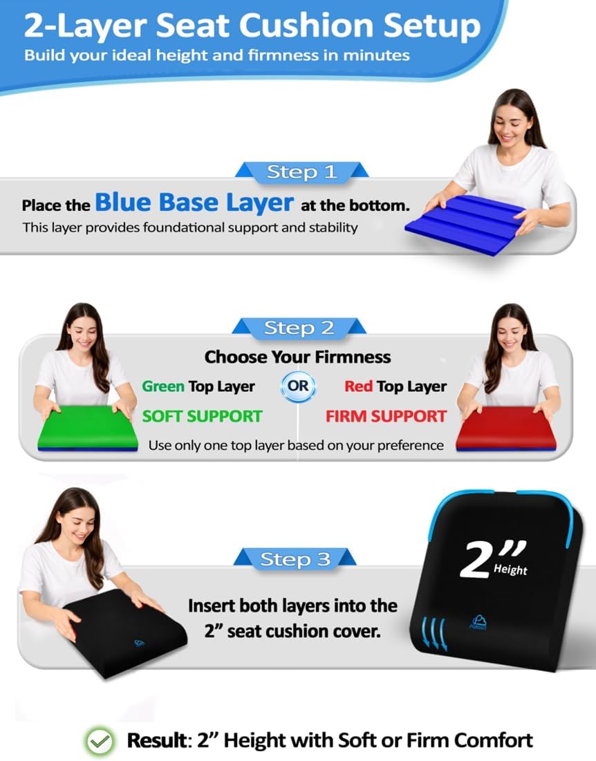 Adjustable Memory Foam Seat Cushion, Custom Height & Firmness, Ergonomic Office Chair Cushion for Back, Coccyx, Sciatica & Tailbone Pain Relief – Ideal for Office Chair, Car Seat, Wheelchair, Recliner