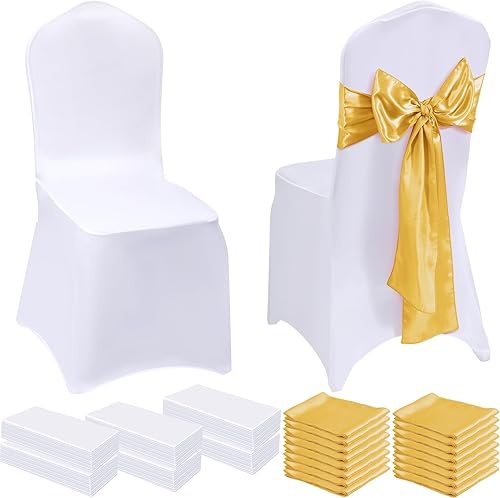 Mepase 100 fundas para sillas blancas gruesas de boda fundas elásticas para sillas de boda decorativas elásticas doradas lazos plegables de seda