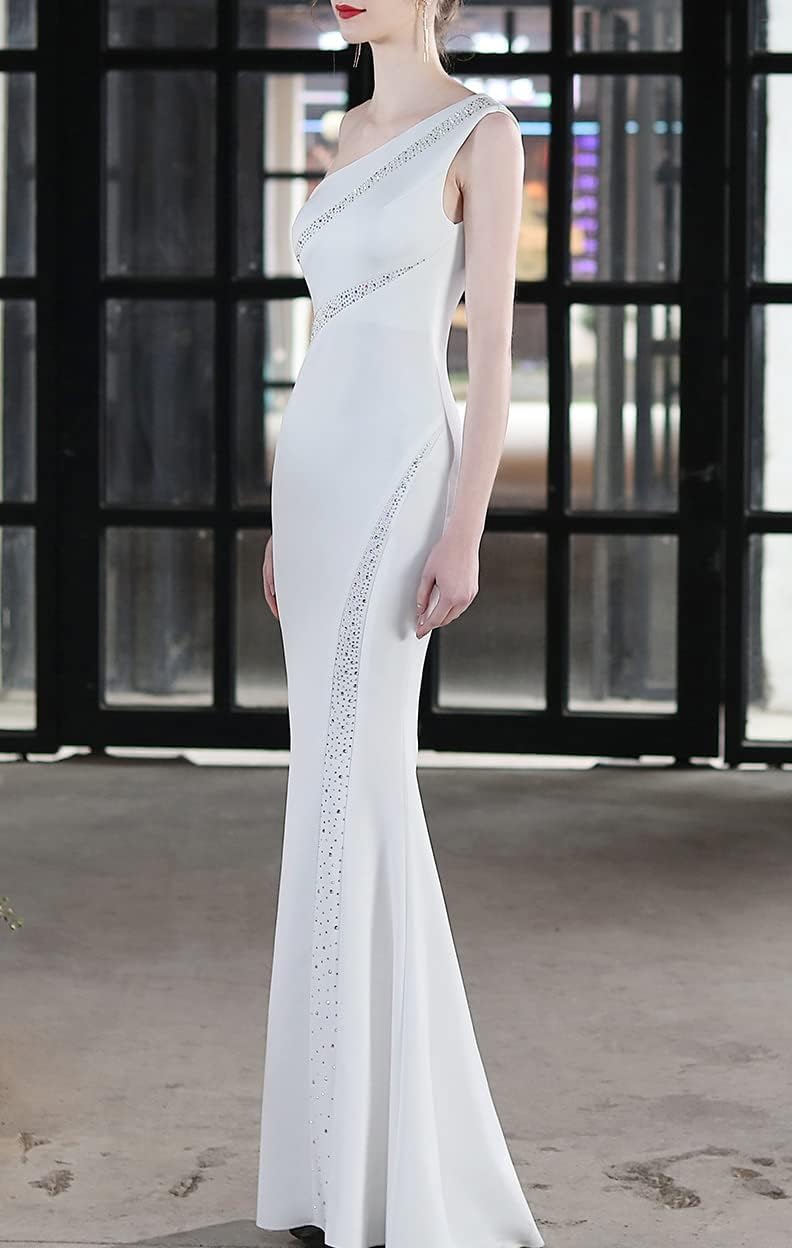 MTVOPN Women's One Shoulder Beaded Floor-Length Mermaid Satin Evening Dress size large