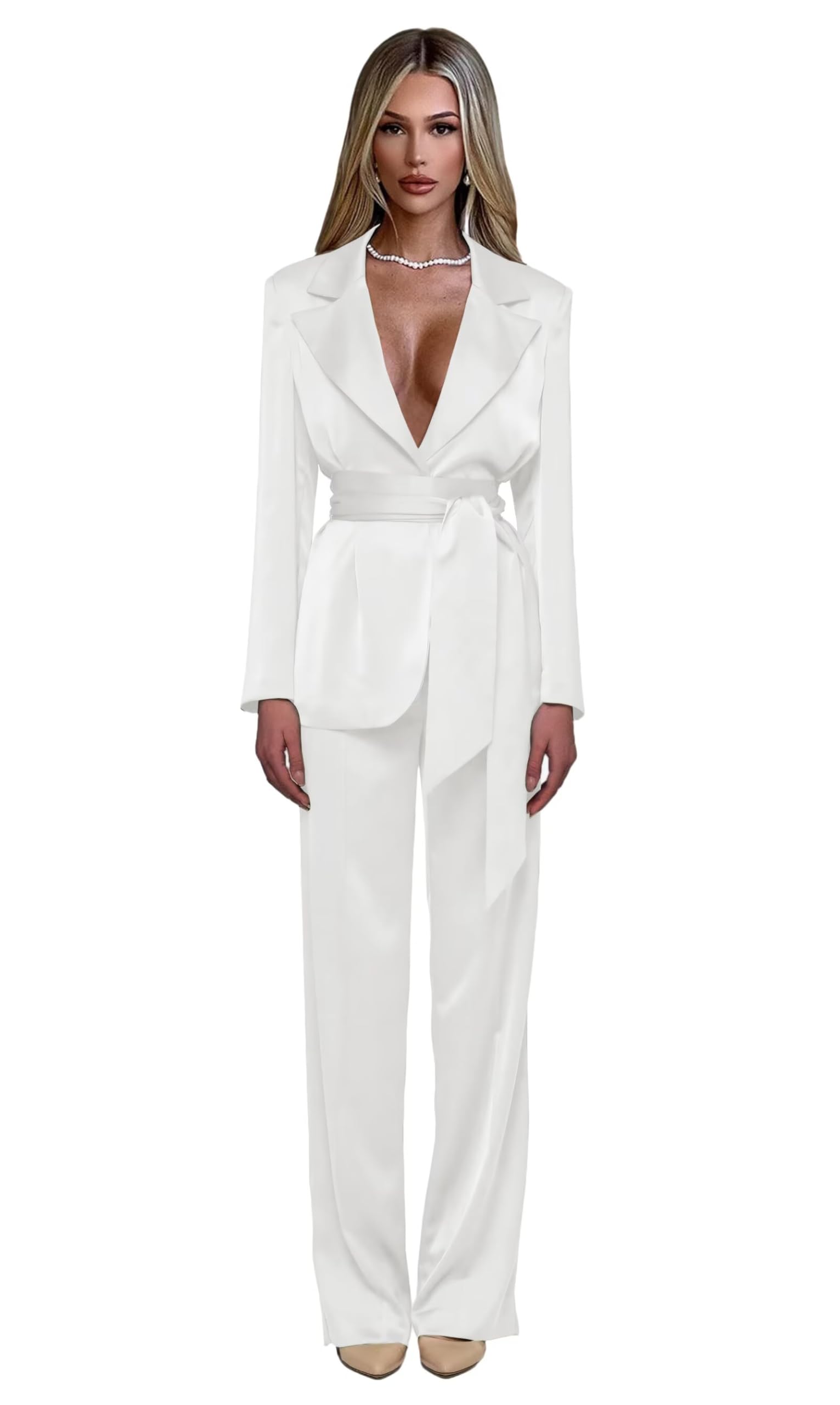 Silk Satin Pant Suits for Women Dressy 2 Piece Womens Suit with Belt Business Casual Womens Suits for