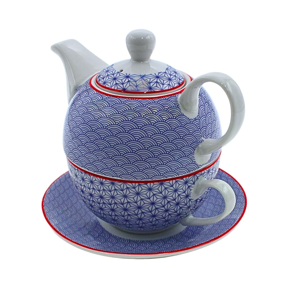 Dekohelden24 Teiera in porcellana, set Tea for one, caraffa da servizio per il tè, teiera, servizio da tè, tazza da tè con teiera, set di teiere retrò con tazza da tè in porcellana in blu, L/L/A 15 x