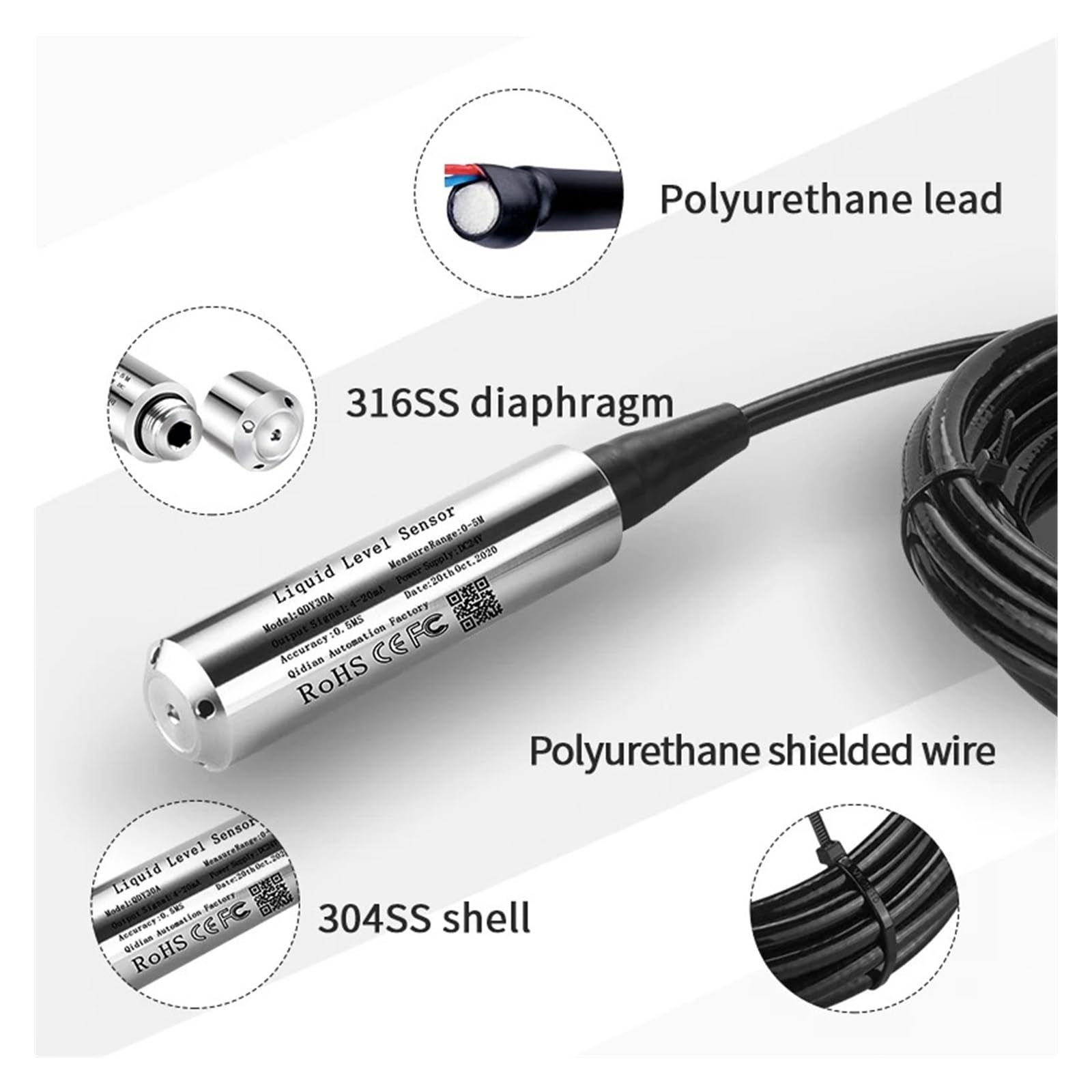 Wasserstandssensor 0-30 m, Flüssigkeitsstandmessumformer 4-20 mA, 0-1/2/3/4/5 m, RS485-Wasserstandssensor, Messumformer(Output Rs485,5M Range 7M Cable)