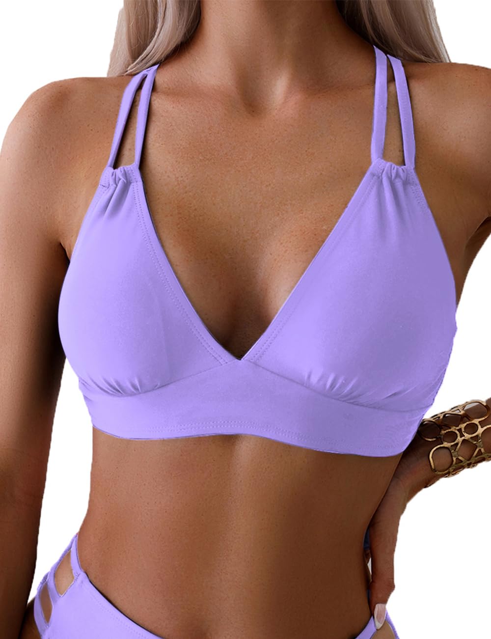 Tainehs Women's Push Up V Neck Bikini Tops Criss Cross Back Padded Bathing Suit Top Only