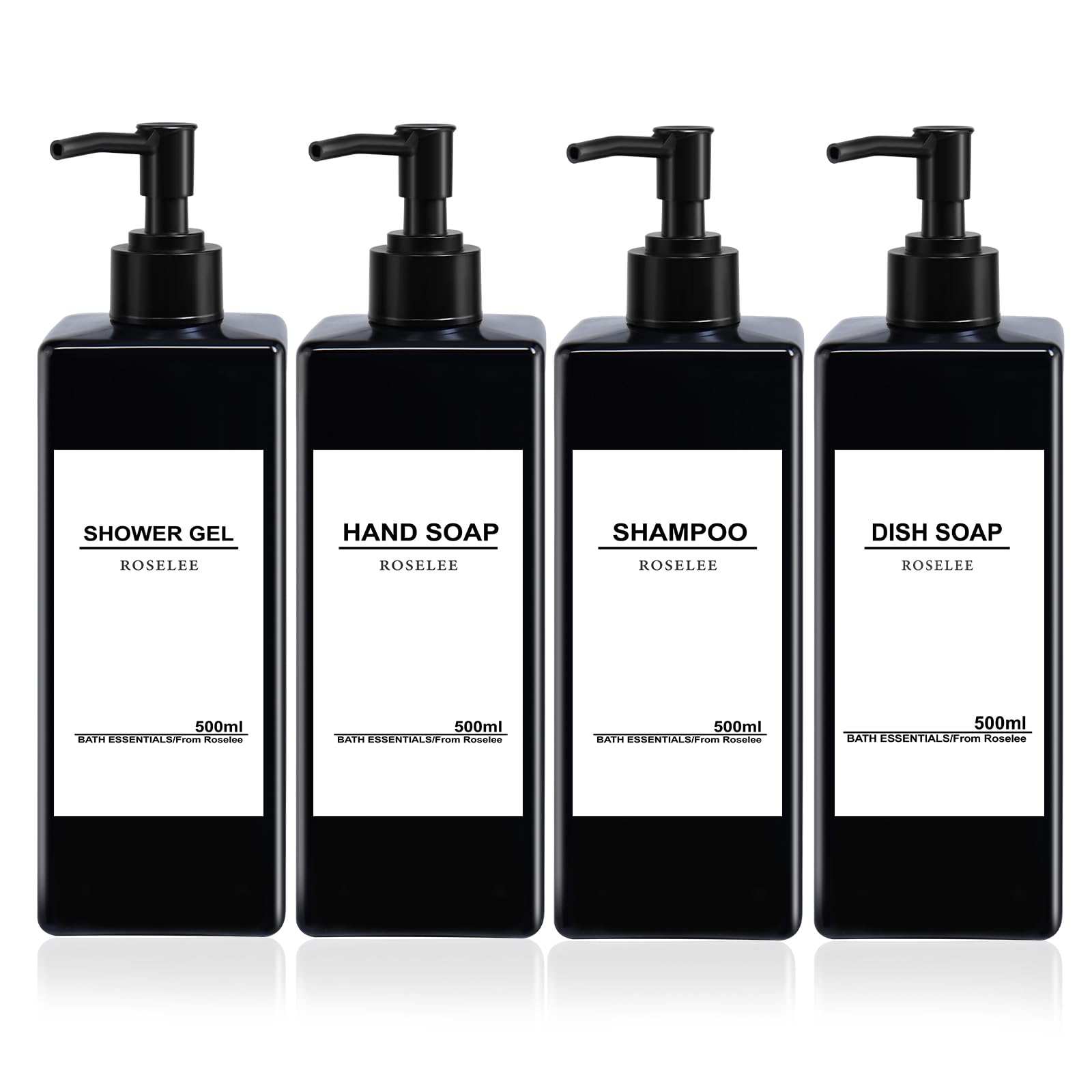 Soap Dispenser Set 4 Pack 17oz Refillable Shampoo and Conditioner Dispenser Liquid Soap Dispenser Plastic Modern Shampoo Dispenser Bottles with Pump for Body Wash, Lotion Bathroom Kitchen Hotel,Black