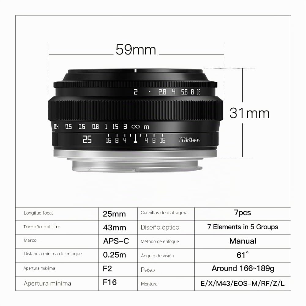 TTARTISAN 25mm F2.0 Objetivo de cámara para Montura Sony E APS-C Enfoque Manual Portátil Peso Ligero Rentable