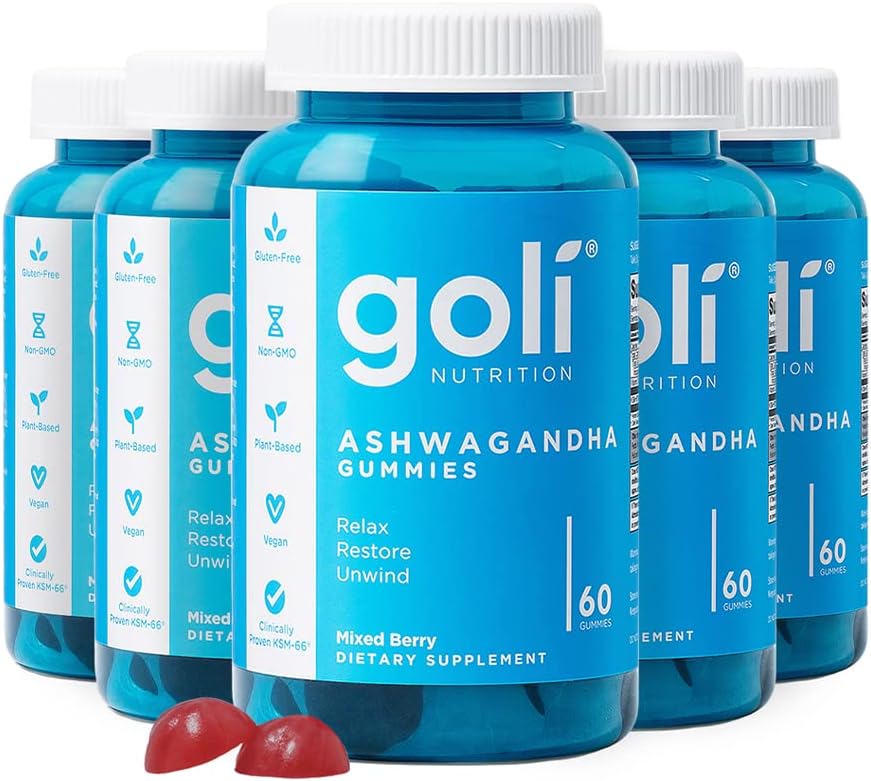 Goli Ashwagandha & Vitamin D Gummy - 300 Count - Mixed Berry, KSM-66, Vegan, Plant Based, Non-GMO, Gluten-Free & Gelatin Free Relax. Restore. Unwind, Pack of 5