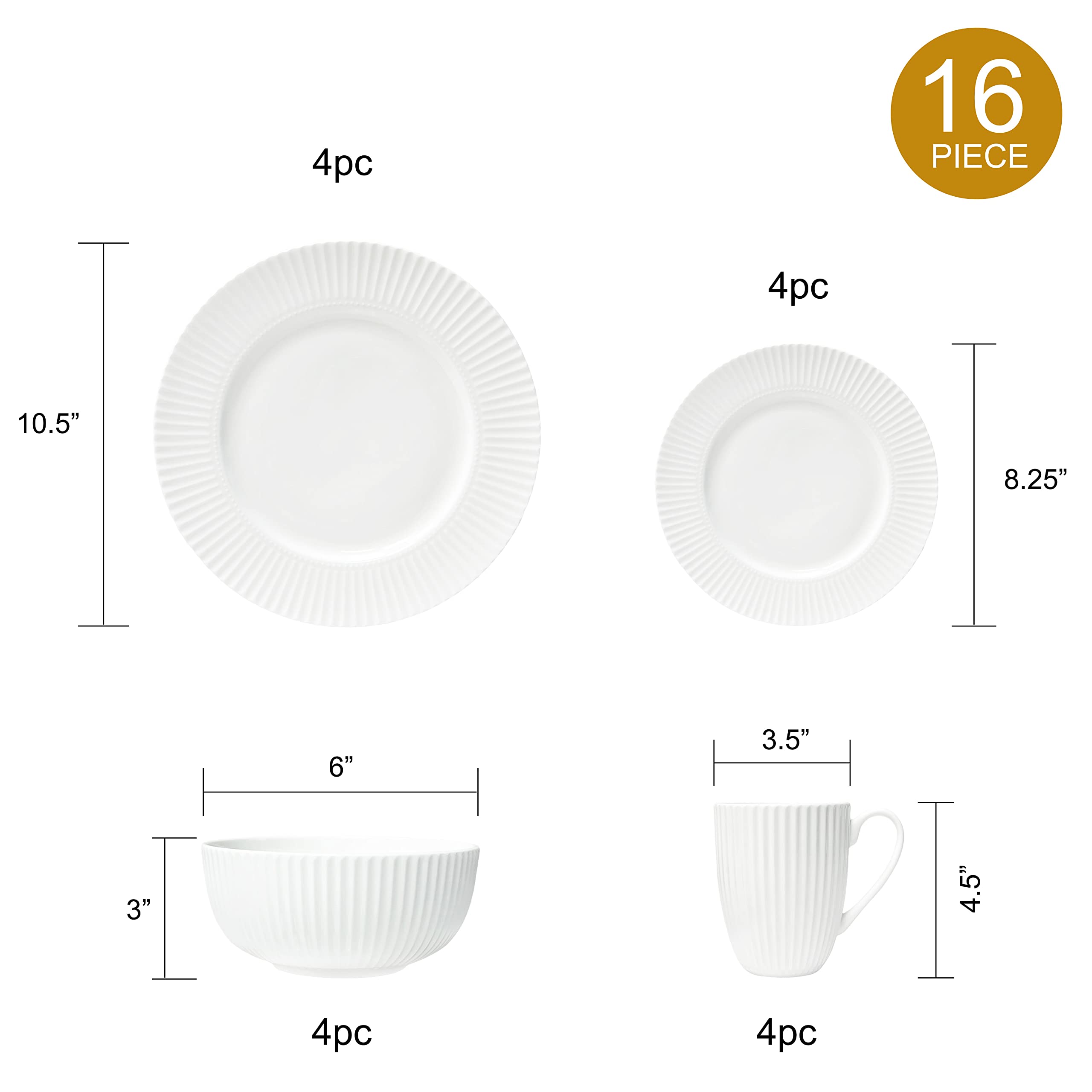 Bone China zastawa obiadowa, zestaw 16 szt., serwis dla 4 osób, biały tłoczony pasek, nadaje się do kuchenki mikrofalowej, półprzezroczysty, elegancki prezent, zestaw naczyń, niezbędny dom, na co