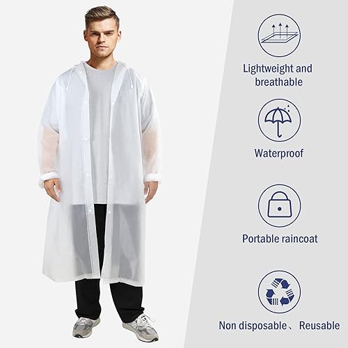 Miniatura 3 de Zando Ponchos de lluvia para adultos y mujeres, chaquetas de lluvia transparentes impermeables con capucha, chaqueta de lluvia plegable, abrigos de