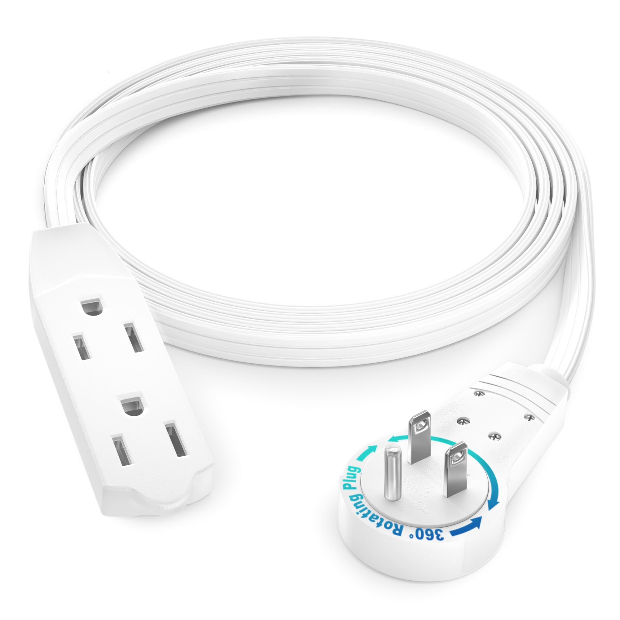 Maximm Cable 4 Ft 360° Rotating Flat Plug Extension Cord, 16/3 AWG Multi 3 Outlet 3-Prong Grounded Wire- White - UL Certified