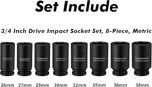 Miniatura 3 de CASOMAN Juego de 8 llaves de vaso de impacto profundo de 34 pulgadas, CR-MO, métrica, 6 puntos, 1.024 in a 1.496 in, diseño de esquina de radio,
