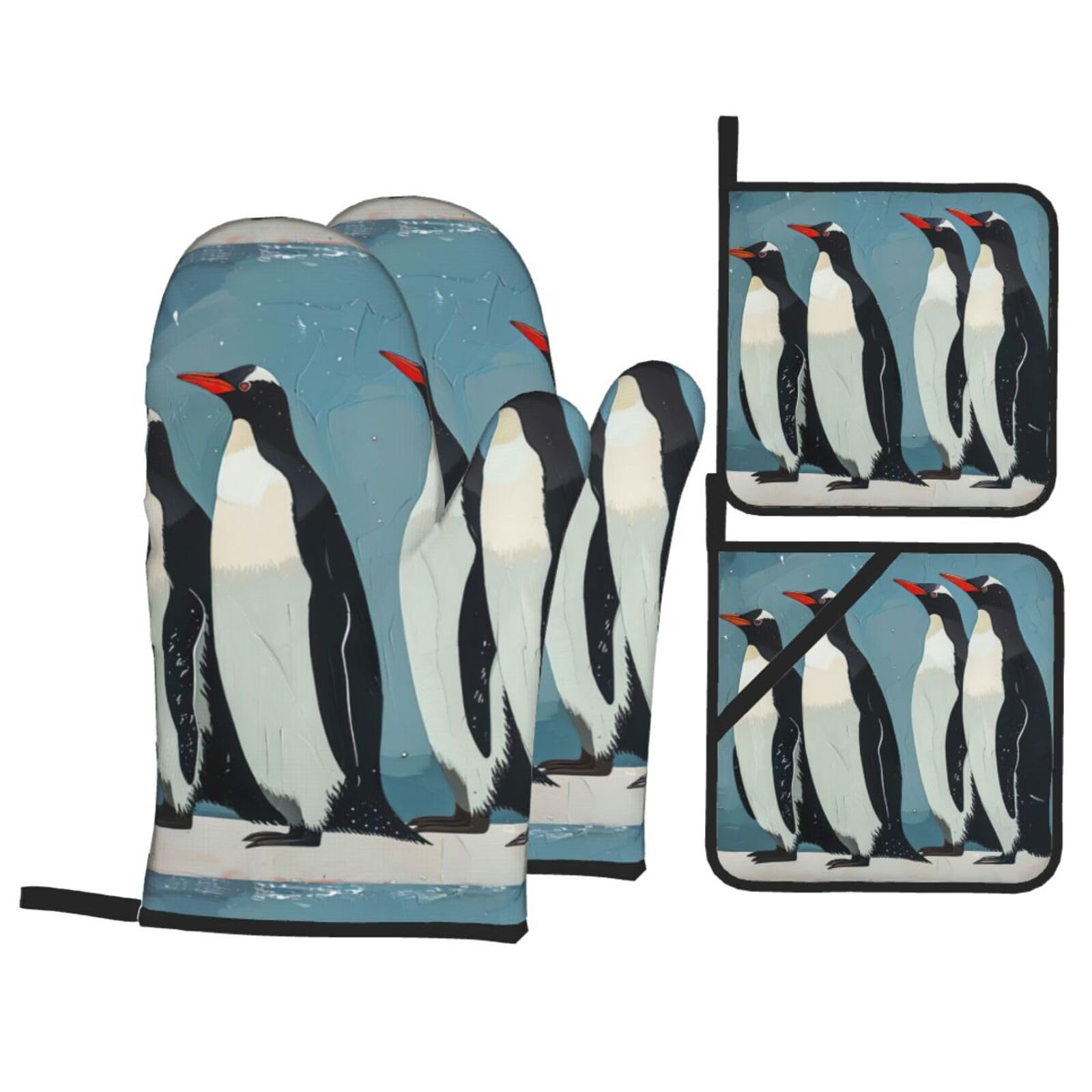 Penguin Print Kitchen Oven Mitts And Pot Holders Set,Hanging Loop Design For Cooking Baking Bbq
