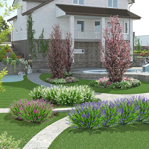 Image of Bassion 24 Bundles Fake Lavender Artificial Flowers for Outdoors, Mixed | UV resistant, plastic lavender with monkey grass, faux plants, home porch garden window box outdoor indoor decorations