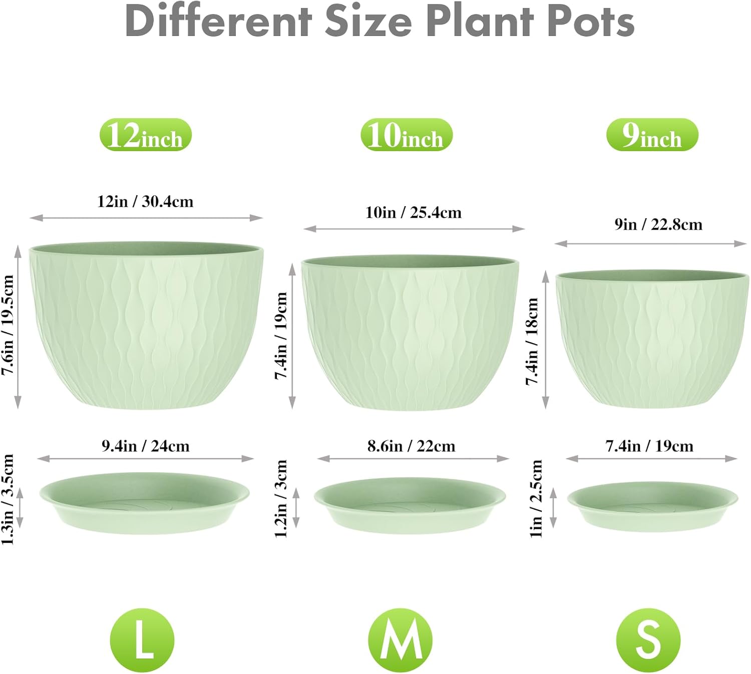 Meowell Large Flower Pots 12/10/9 inch, 3 Set Wide Plant Pots for Outdoor Indoor Plants with Water Ripples, Big Plastic Planters with Drainage Holes and Saucers for Garden House Plants, Green
