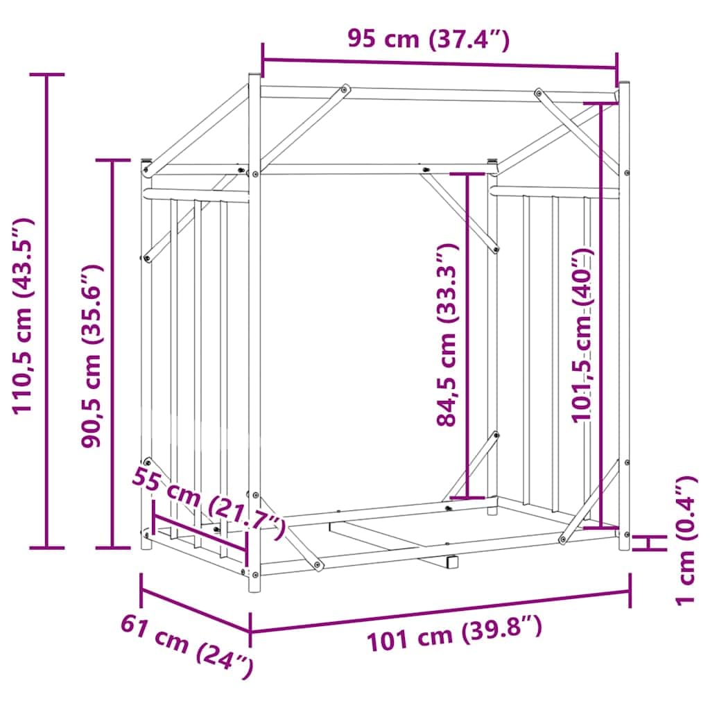 Estantería para leña con protección contra la lluvia de acero galvanizado, 101 x 61 x 110,5 cm, para leña y leña, resistente a la intemperie, con funda para lluvia, para terraza, jardín e
