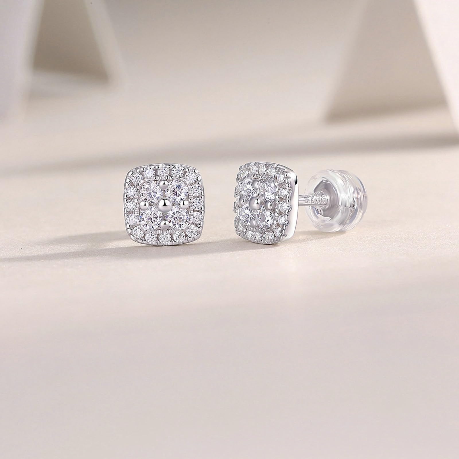 Orecchini a Lobo Donna 14K 585 Oro Bianco, Orecchino Lobo Donna Ipoallergenico Classici Design Quadrato con Moissanite Rotondi Orecchini a Bottone per Sposa Matrimonio