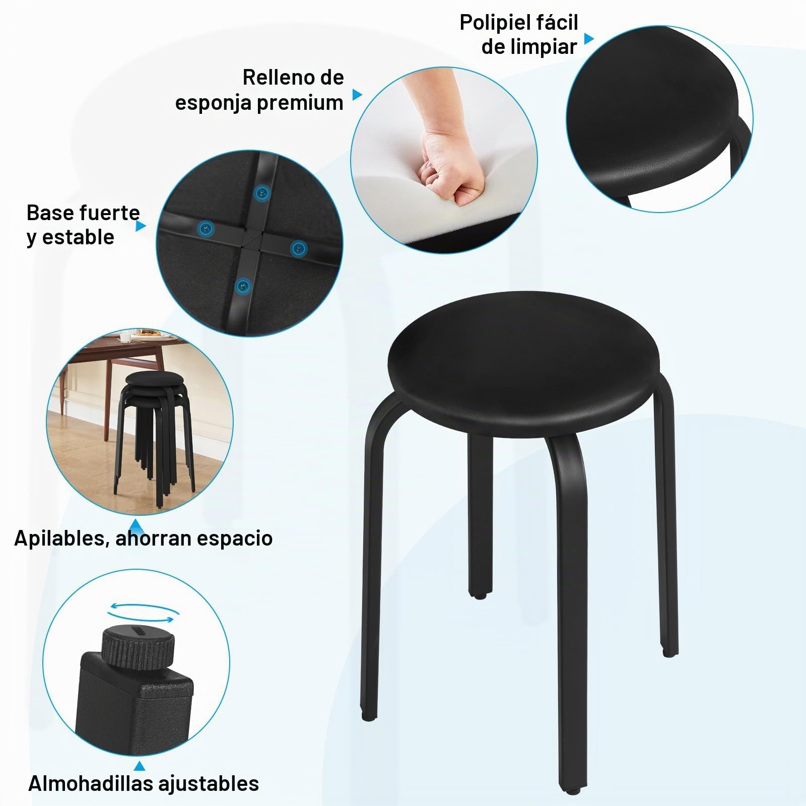 Lestarain 2xTaburete de Comedor Redondo Apilable, Asiento Acolchado, Marco Metálico para Cocina, Comedor, Dormitorio, Pasillo, Negro, LCNI116002-2